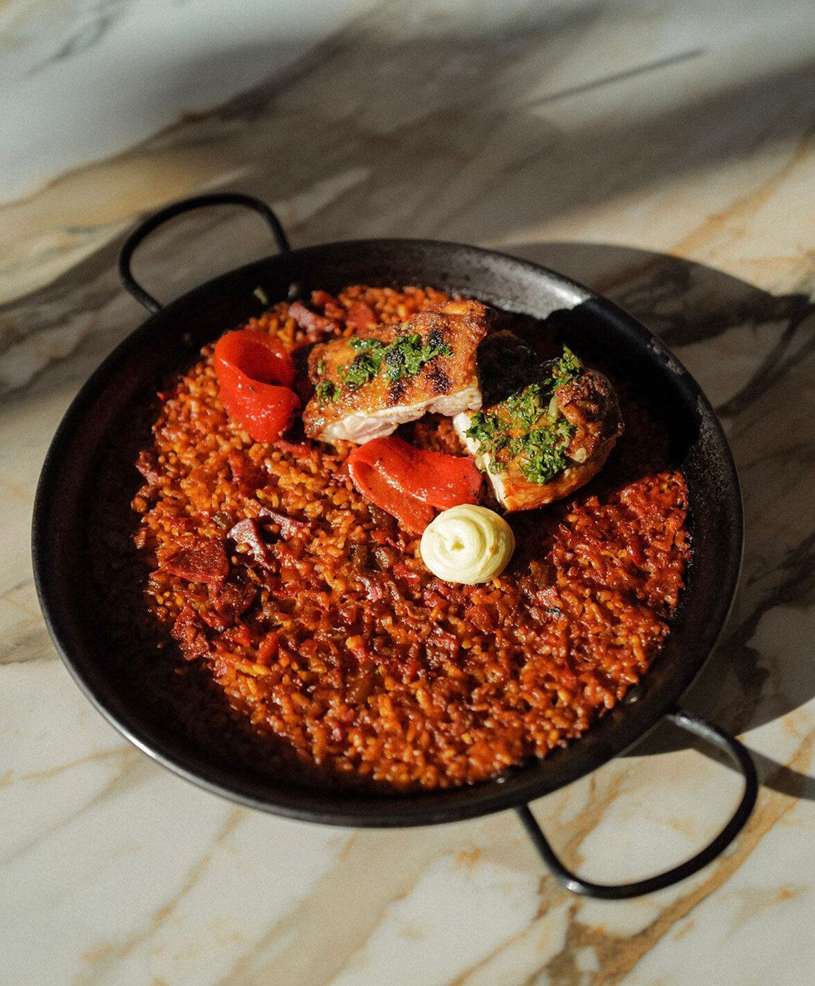 Paella with chicken and chorizo