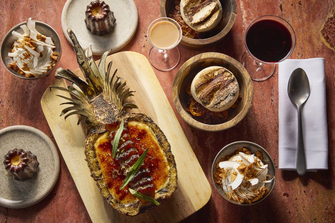 Durban pineapple with cardamom brûlée and brandy canelé