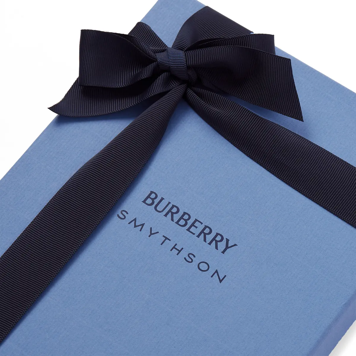 The pale blue Burberry and Smythson gift box with navy ribbon