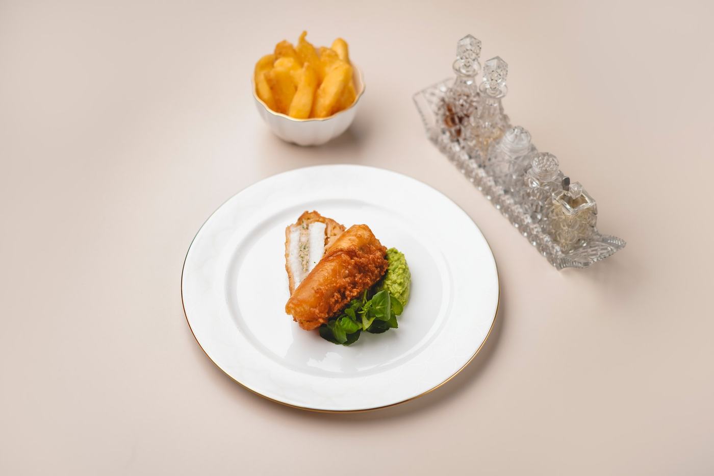 Fish and chips: Dover sole fillets wrapped around lobster mousse